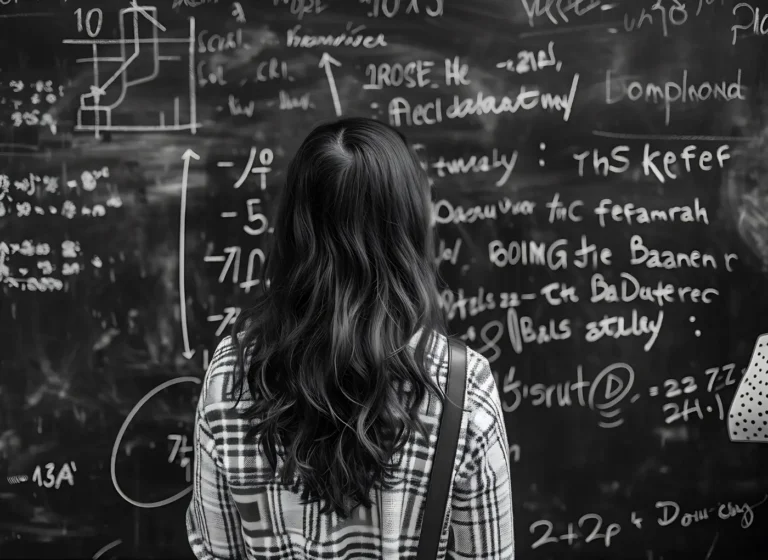 Person with long hair in a plaid shirt stands with back to the camera, facing a chalkboard covered in math equations.