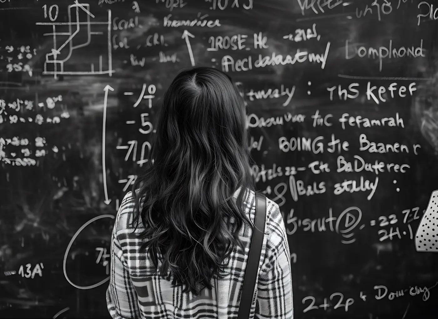 Person with long hair in a plaid shirt stands with back to the camera, facing a chalkboard covered in math equations.