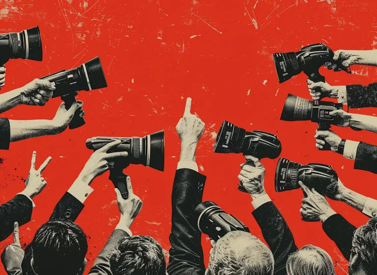 Crowd of photographers with cameras aimed at a central raised middle finger against a red textured background.
