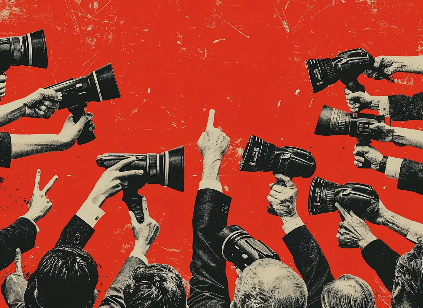 Crowd of photographers with cameras aimed at a central raised middle finger against a red textured background.