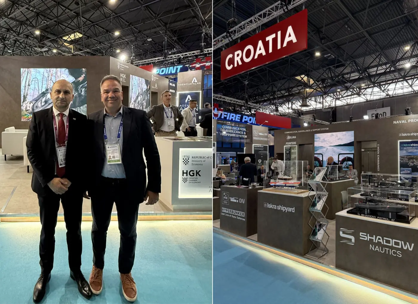 Split image: left side shows two men in suits with conference badges posing at a trade show booth; right side shows a large 'CROATIA' sign over navy/shipyard displays and model ships.