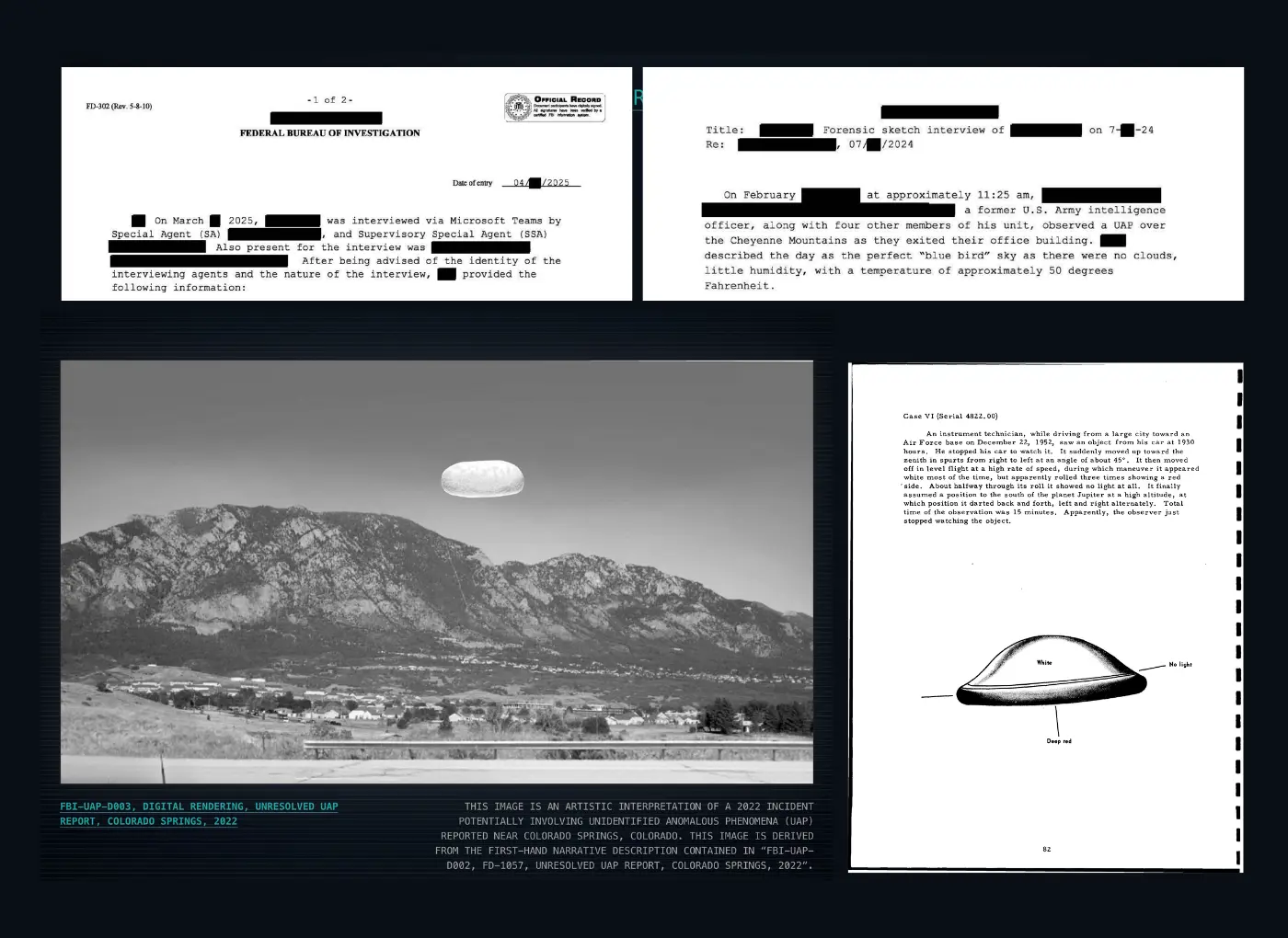 Collage showing two top documents (official FBI-style pages) and bottom-left a grayscale photo of mountains with an oval UFO overhead, plus a right-side saucer diagram page.