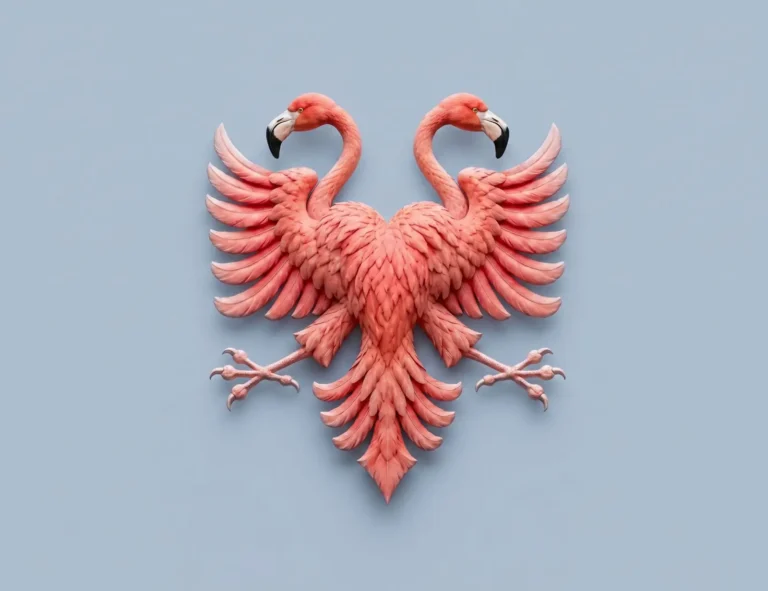 Two pink flamingos facing each other, wings spread to create a heart-shaped silhouette against a blue background