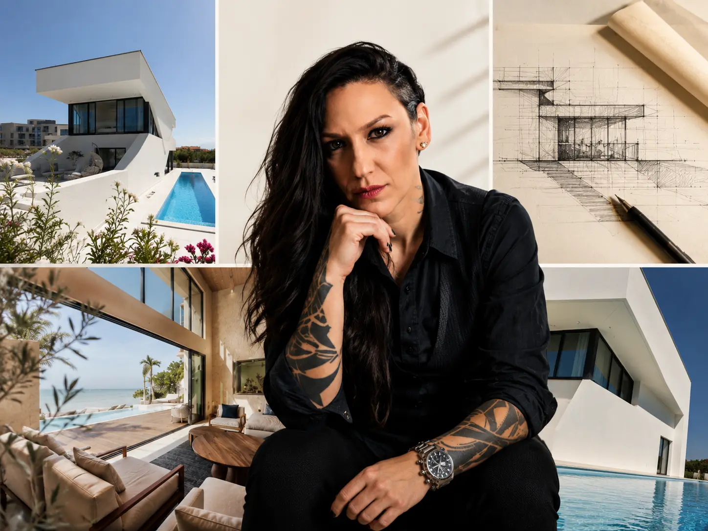 Portrait of a tattooed designer in a black outfit, surrounded by architectural images: a modern pool villa exterior, an airy interior lounge, and a drafting sketch.