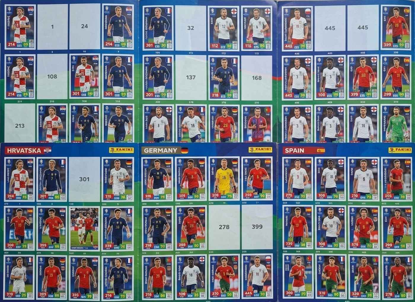 Football player stickers arranged in a grid by country labels (Croatia, Germany, Spain) showing players' photos with numbers and badges on colorful cards of a sticker album page (informational).