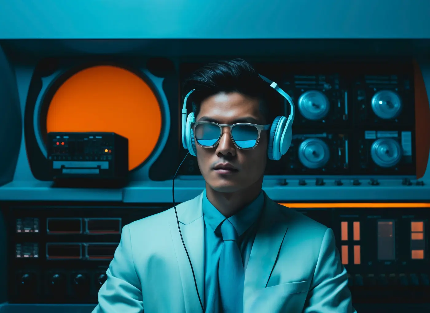 Man in a light suit wearing headphones in a tech data room with orange-lit equipment behind him, looking at the camera