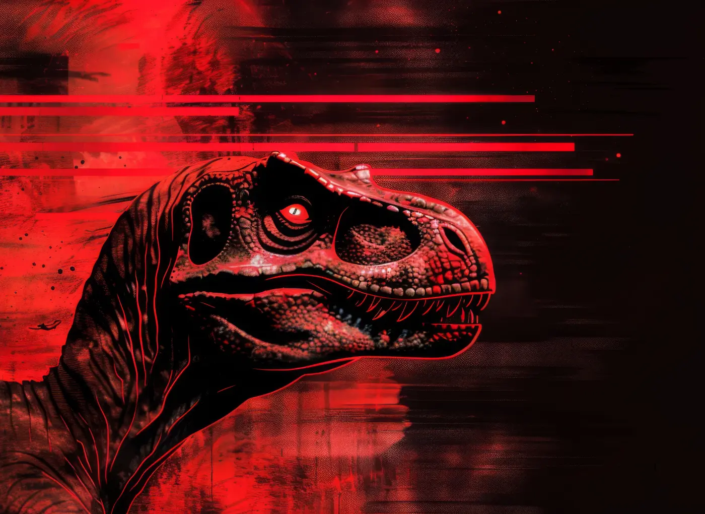 Red and black illustration of a dinosaur head facing right with neon red light streaks in a dark background.