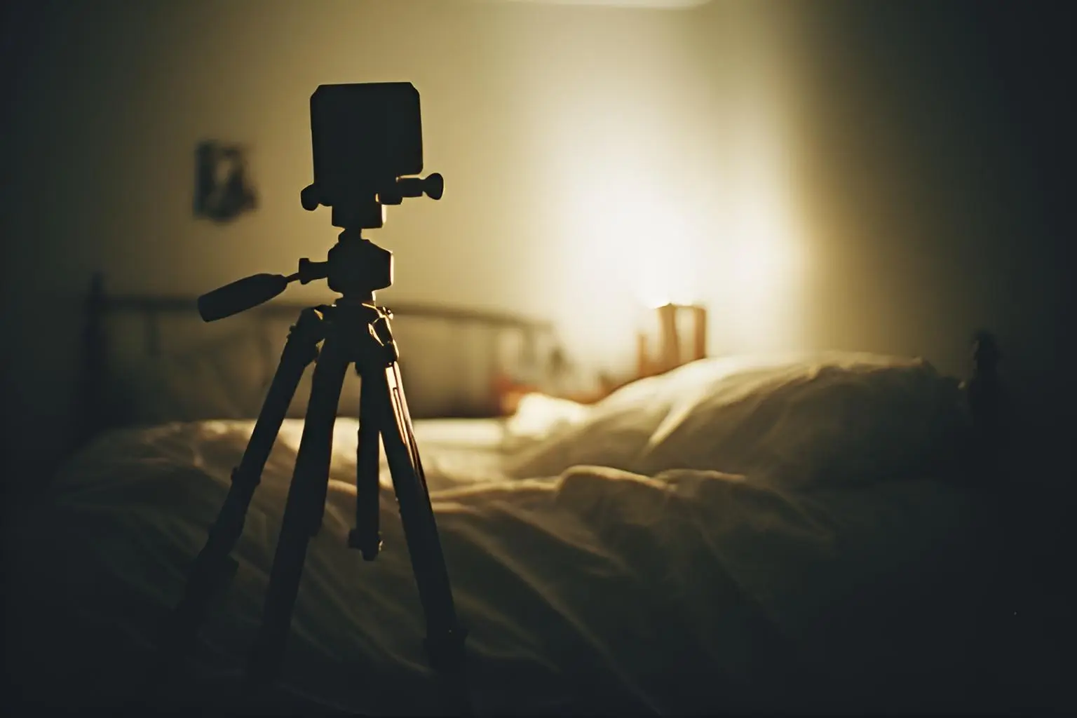 Camera on a tripod in a dimly lit bedroom, with a blurred bed and lamp in the background.