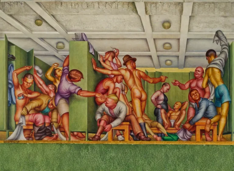 Vivid mural of men in a crowded locker room, some wrestling, others seated or standing, green lockers in the background.