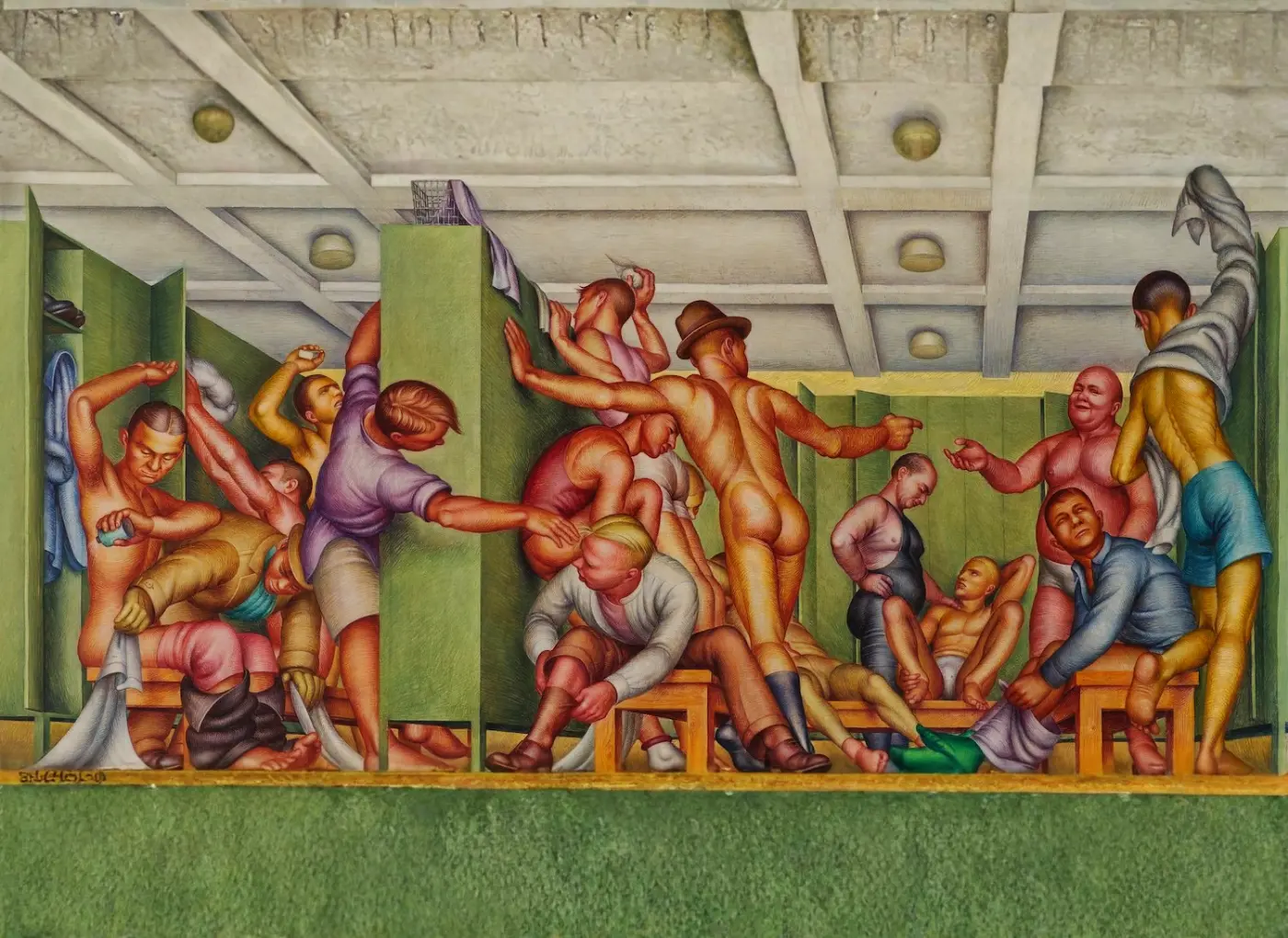 Vivid mural of men in a crowded locker room, some wrestling, others seated or standing, green lockers in the background.