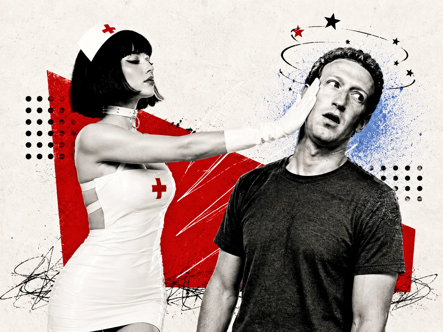Stylized collage: a woman in a nurse costume pushes a surprised man away, set against bold red and black abstract shapes.