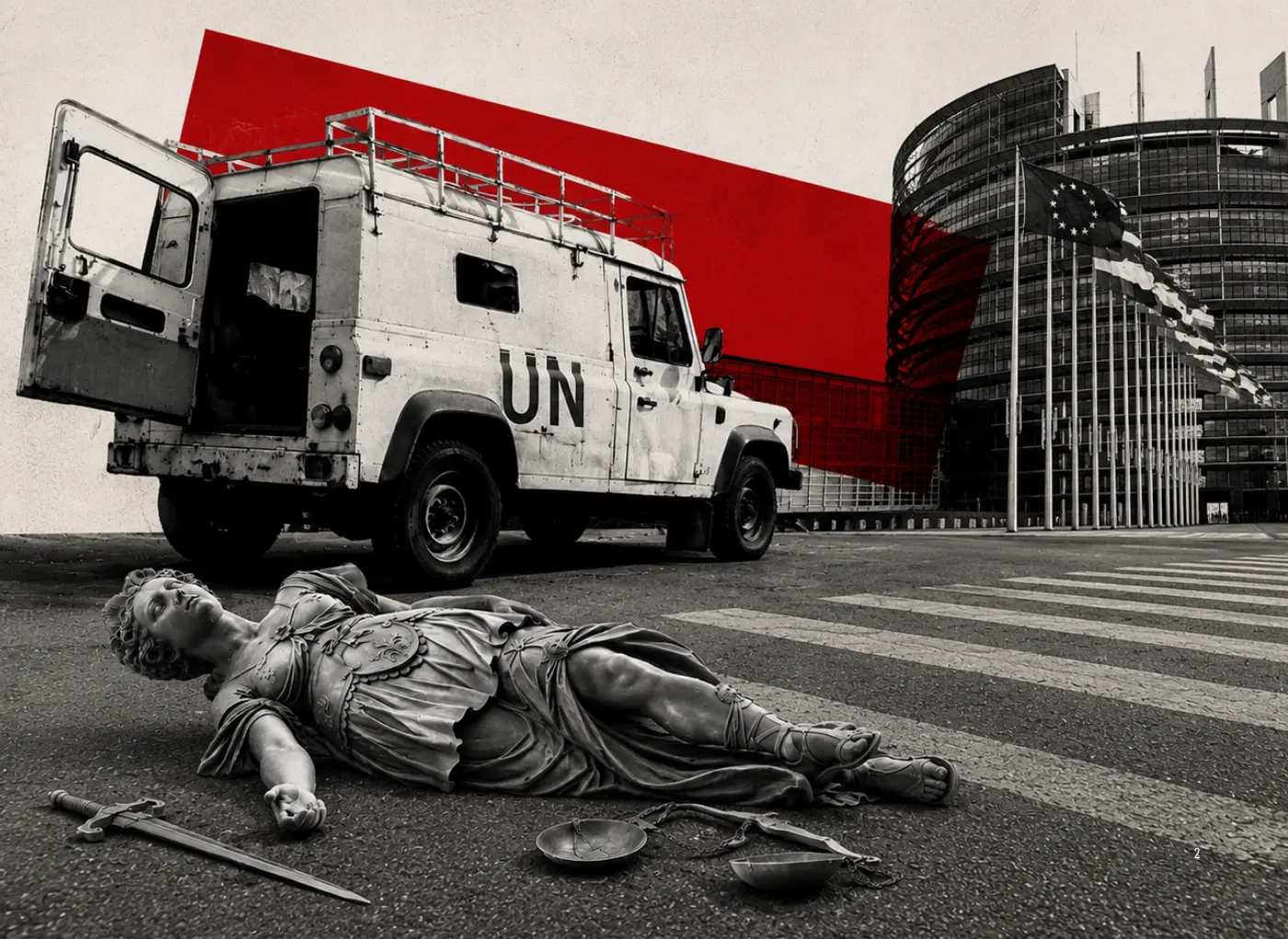 A toppled statue lying in a street next to a battered UN truck with a red geometric backdrop and European Parliament building in the background, suggesting conflict.