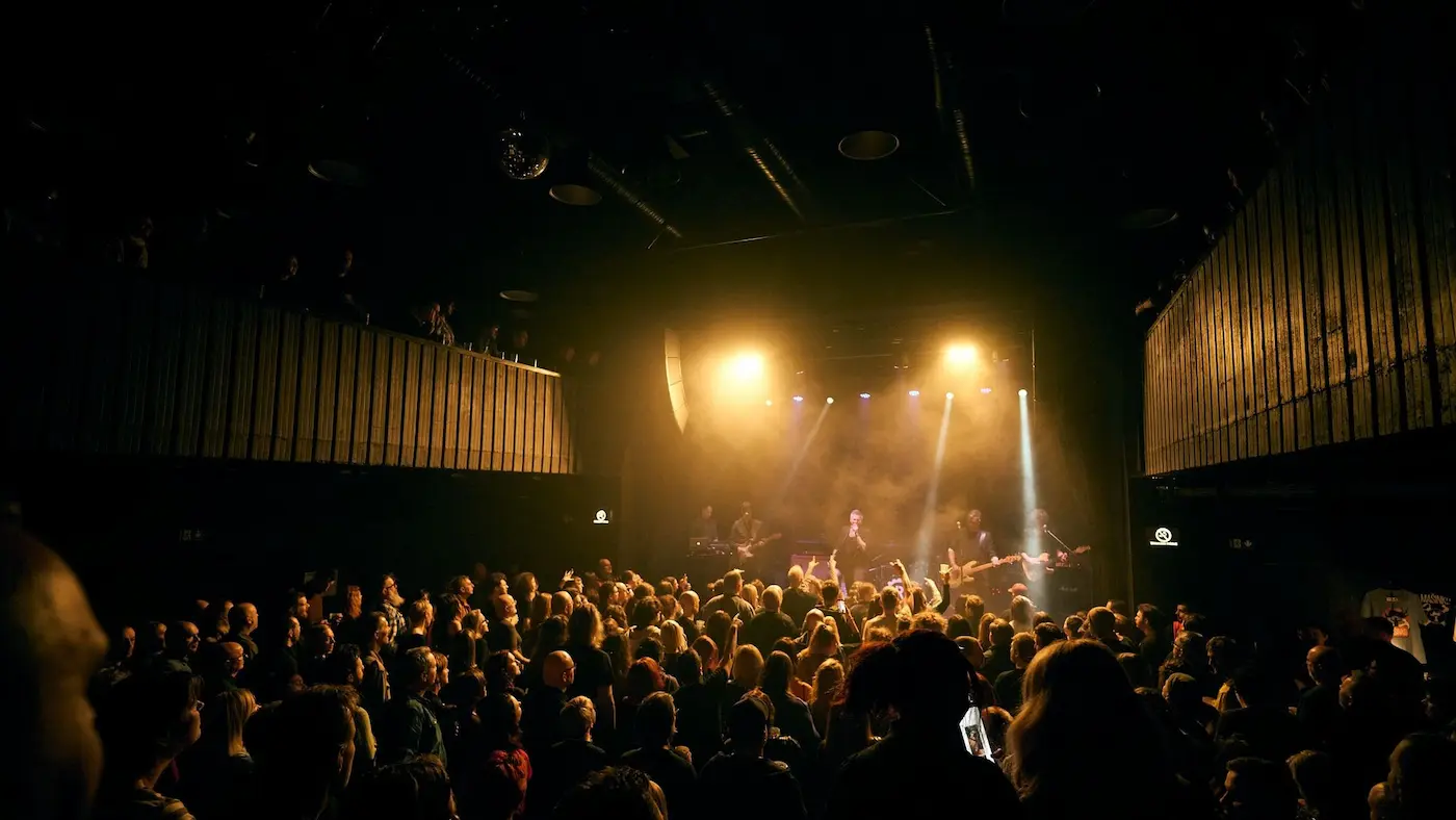 Crowd at a live concert in a dim club, band performing on stage with yellow lights behind them.
