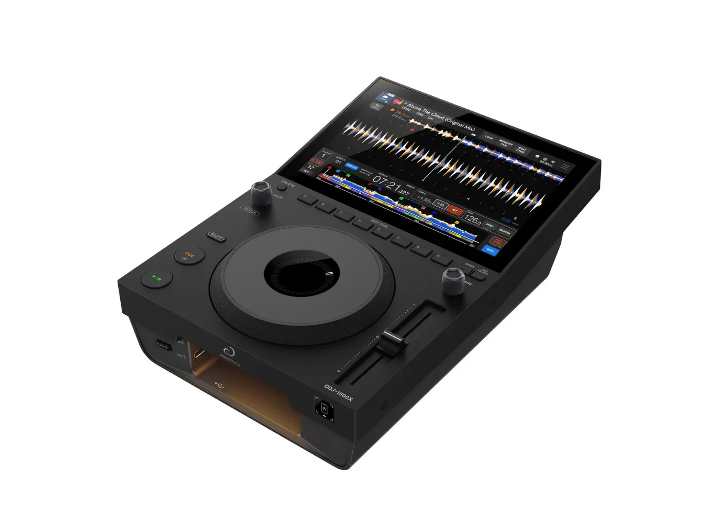 DJ controller with a large jog wheel and a touchscreen showing waveform and tracks.