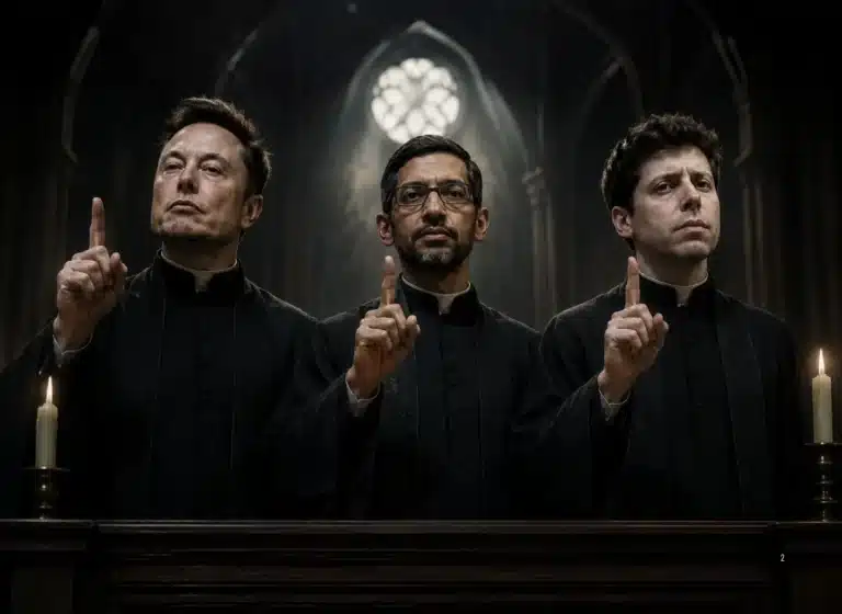 Three priests in black robes stand behind a wooden rail, each raising one finger, in a dim Gothic church with candles and a stained window behind them.