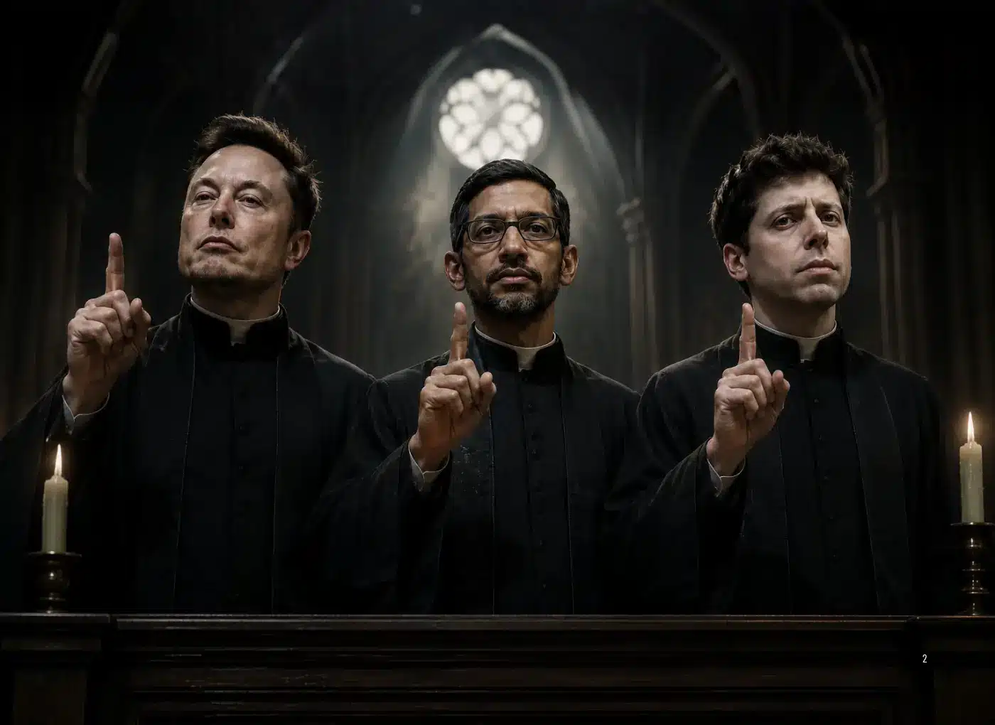 Three priests in black robes stand behind a wooden rail, each raising one finger, in a dim Gothic church with candles and a stained window behind them.