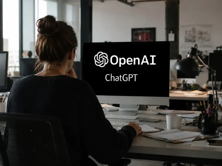 Person with a bun sits at a desk in a modern office, viewing a monitor displaying OpenAI ChatGPT logo.