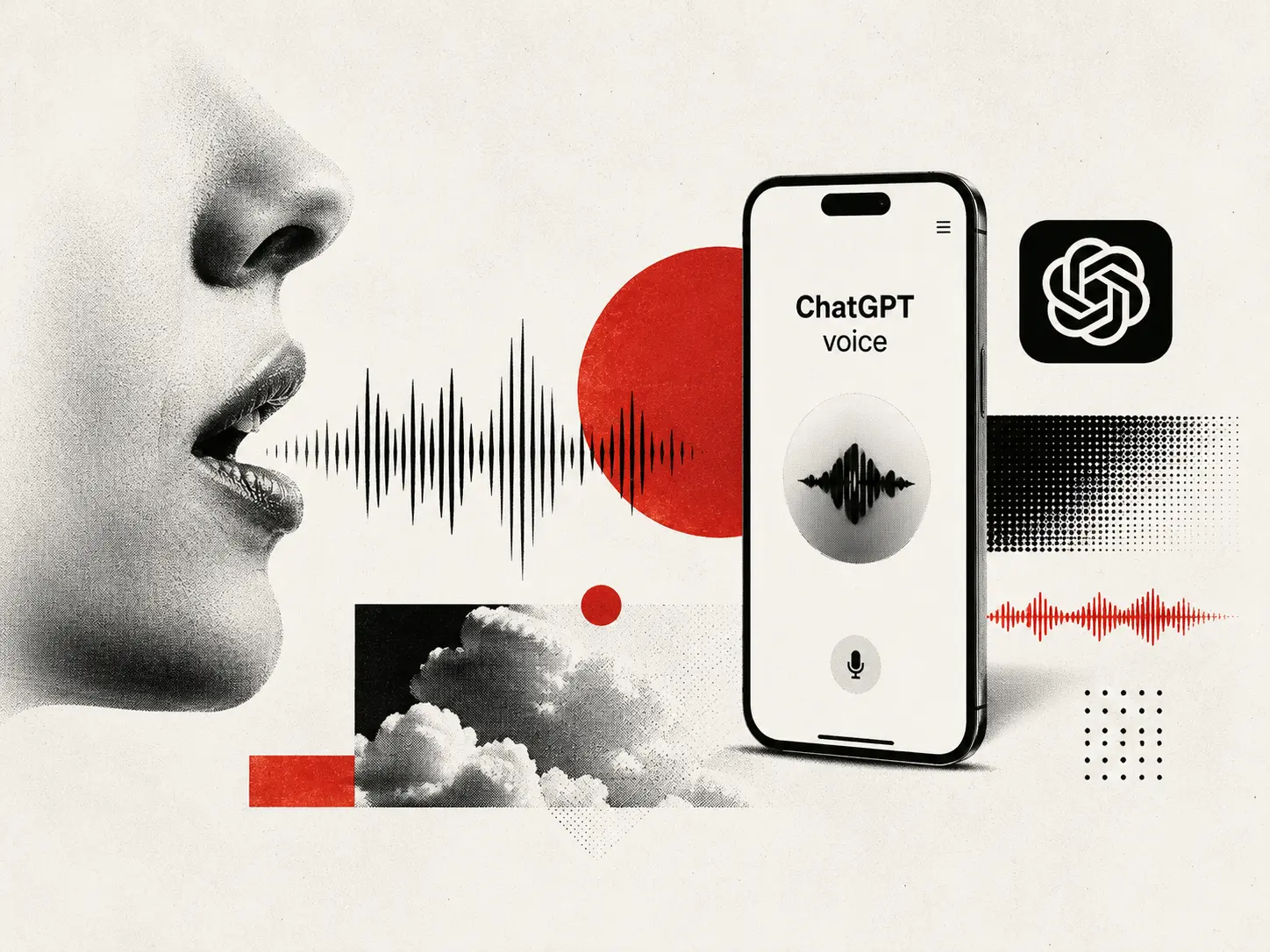 Profile of a mouth speaking into a bold sound wave toward a smartphone displaying 'ChatGPT voice'
