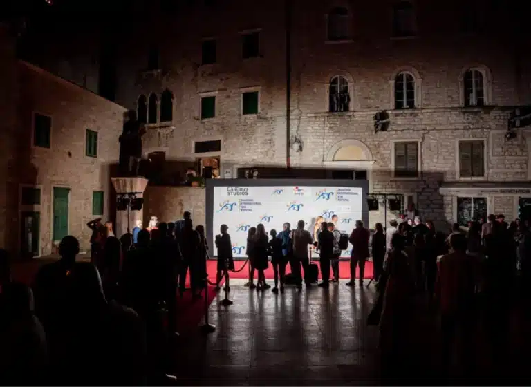 Night-time red-carpet event in a stone courtyard with a lit backdrop and crowd waiting to pose on a red carpet stage behind a rope barrier