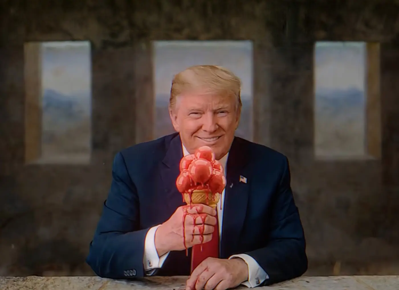 Former U.S. president Donald Trump smiles while holding a tall strawberry ice cream cone toward the camera.