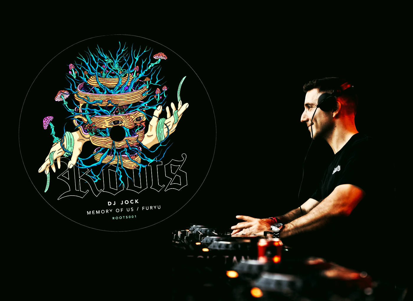 DJ Jock wearing headphones, mixing at a console beside a large circular artwork of colorful roots and hands with bold text.