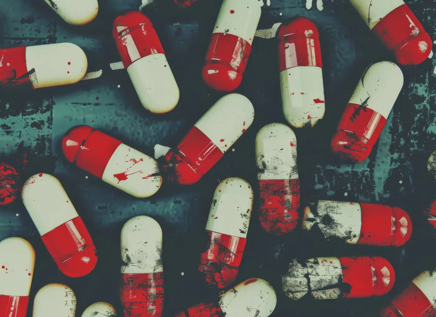 Assorted red-and-white capsules scattered on a dark surface, suggesting medication.