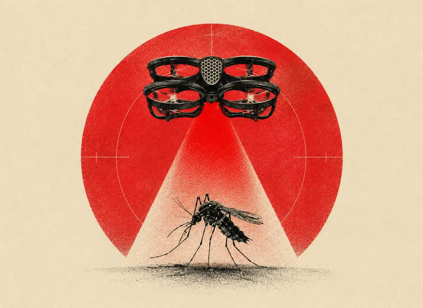 Illustration showing a quadcopter hovering above a mosquito, with a red radar-like target in the background, suggesting drone surveillance of mosquitoes.