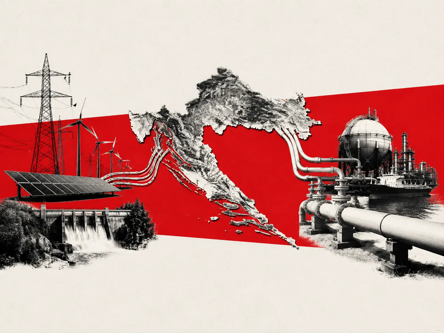 Collage showing energy infrastructure (solar panels, wind turbines, power lines, pipelines) with a red diagonal band across a rugged mountainous formation and industrial plant silhouettes by the water, conveying global energy industry and extraction themes.