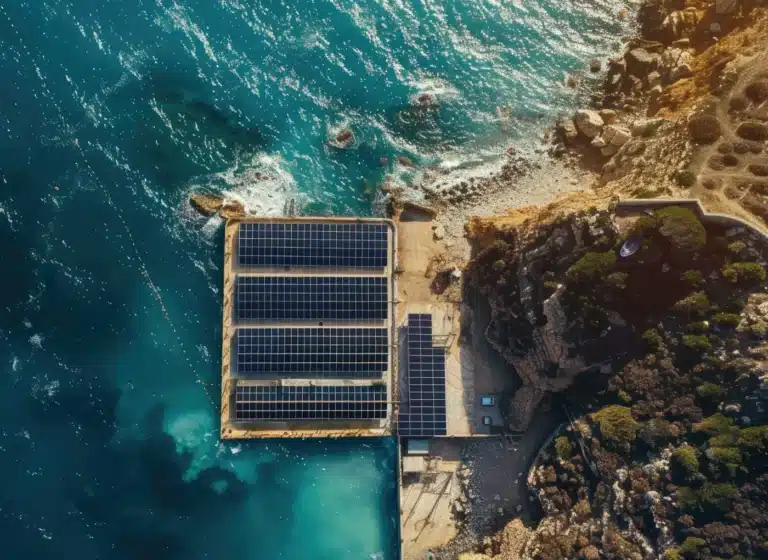 Aerial view of a solar panel array on a concrete platform extending into turquoise sea, with a rocky coastline nearby.