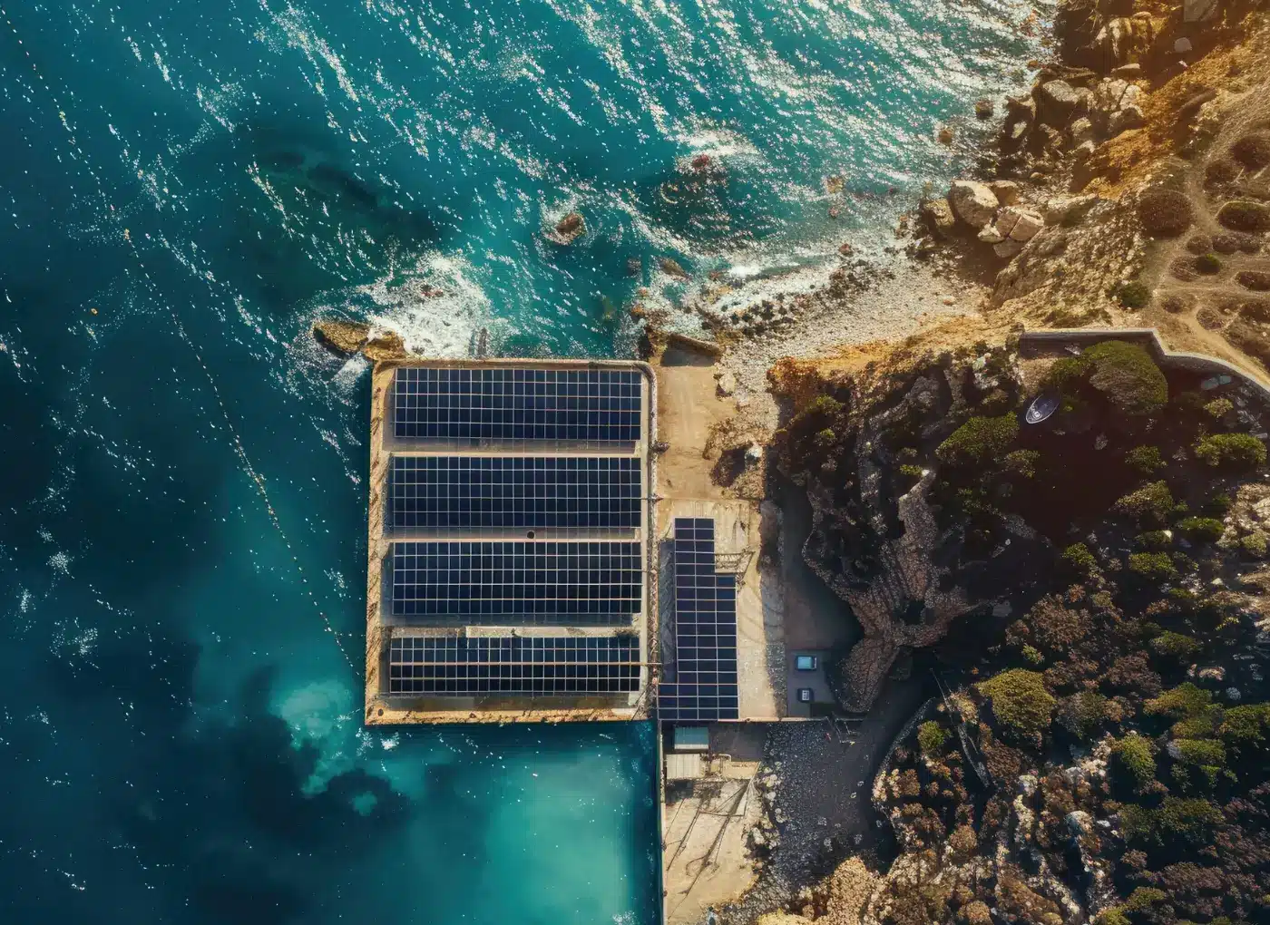 Aerial view of a solar panel array on a concrete platform extending into turquoise sea, with a rocky coastline nearby.