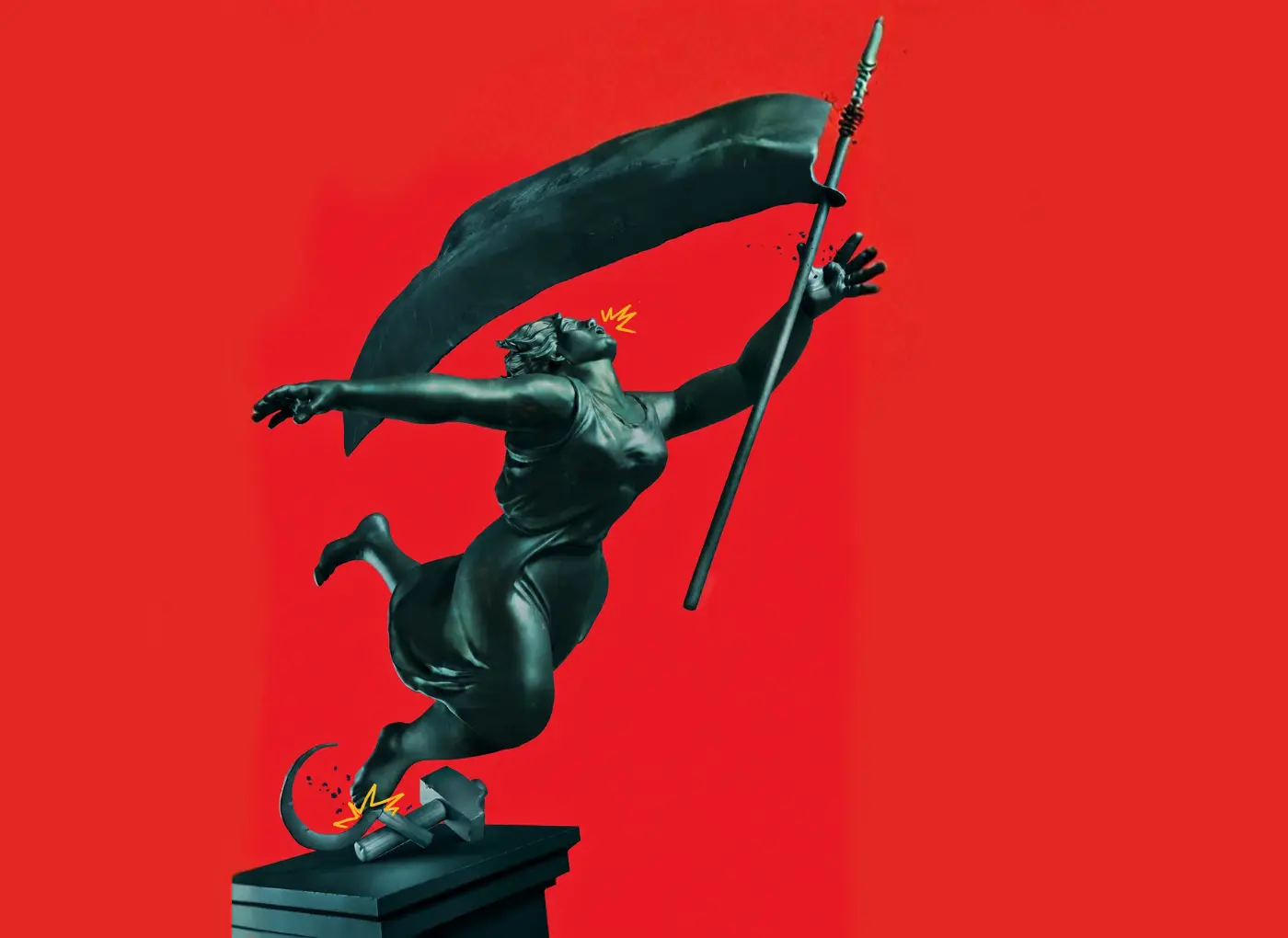 Dynamic statue of a female warrior leaping with a spear against a red background, breaking from its pedestal.