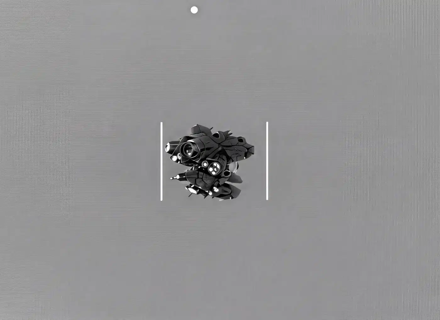 Abstract grayscale mechanical cluster centered between two vertical white lines on a muted gray background.