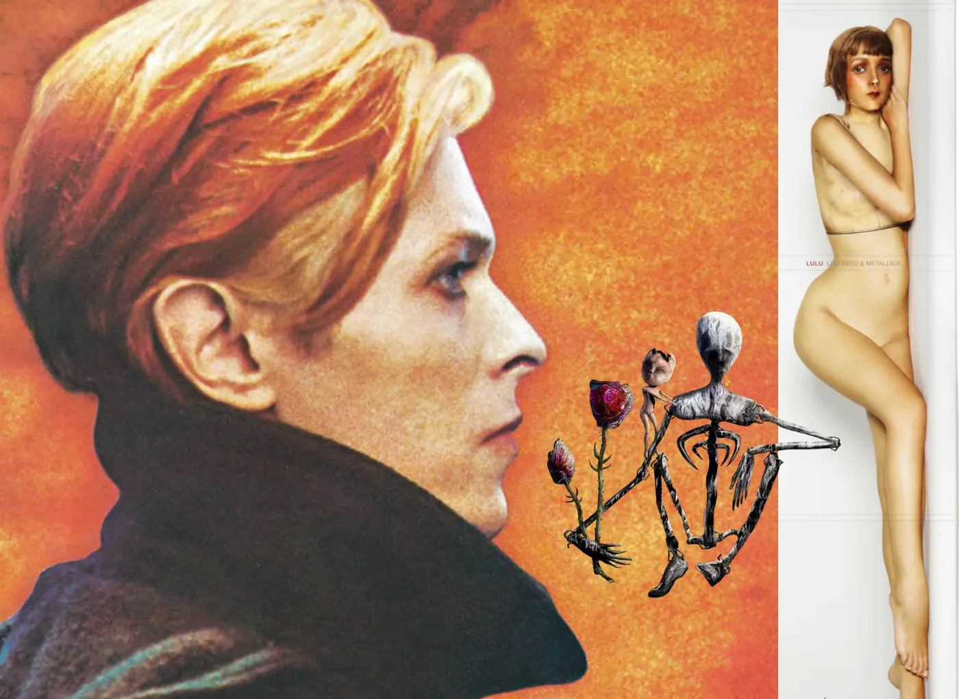 Side profile of a blond person against an orange textured backdrop, with a surreal gray humanoid creature holding roses nearby and a tall nude figure on the far right.