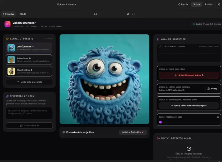 Vokalni Animator UI: central teal monster image with preset list on the left and controls on the right.