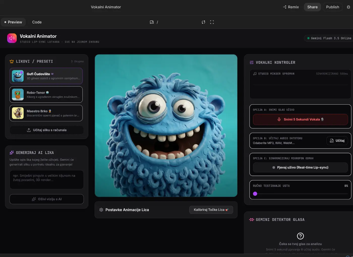 Vokalni Animator UI: central teal monster image with preset list on the left and controls on the right.