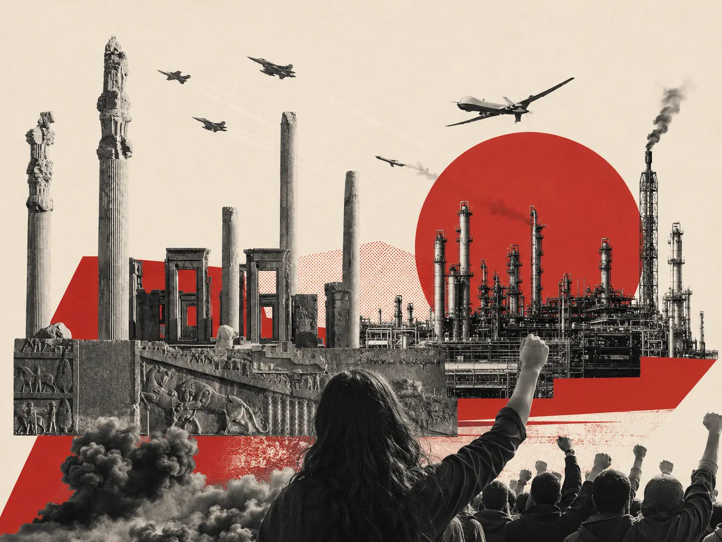 Collage of an industrial complex with smokestacks and cranes, a cheering crowd raising fists in the foreground, and a large red sun in the background.