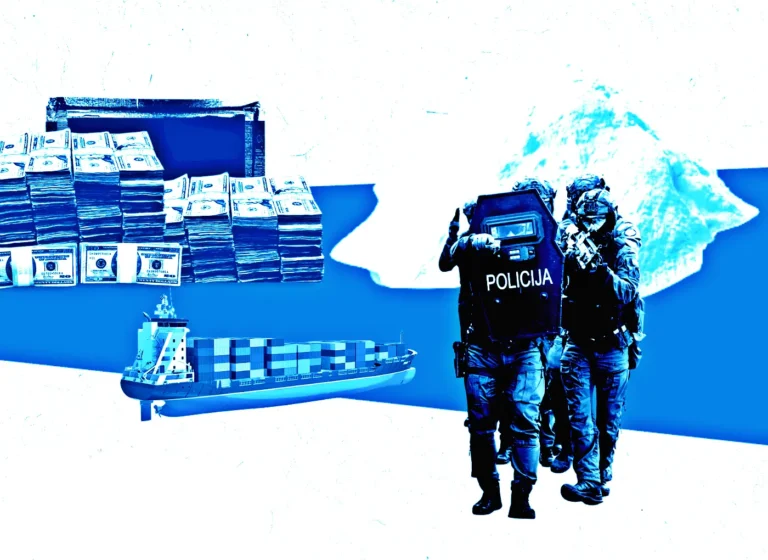Three police officers in tactical gear labeled POLICIJA group together as a cargo ship, stacks of cash, and an iceberg backdrop loom behind them.