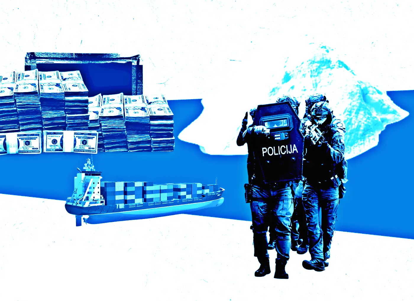 Three police officers in tactical gear labeled POLICIJA group together as a cargo ship, stacks of cash, and an iceberg backdrop loom behind them.