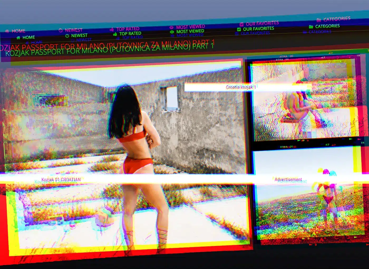 A woman in a red bikini stands outdoors beside a concrete wall, overlaid with colorful glitchy screens and text captions (artistic collage).