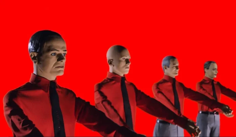 Four identical humanoid figures in red shirts and black ties stand in a line, arms extended forward, against a solid red background.