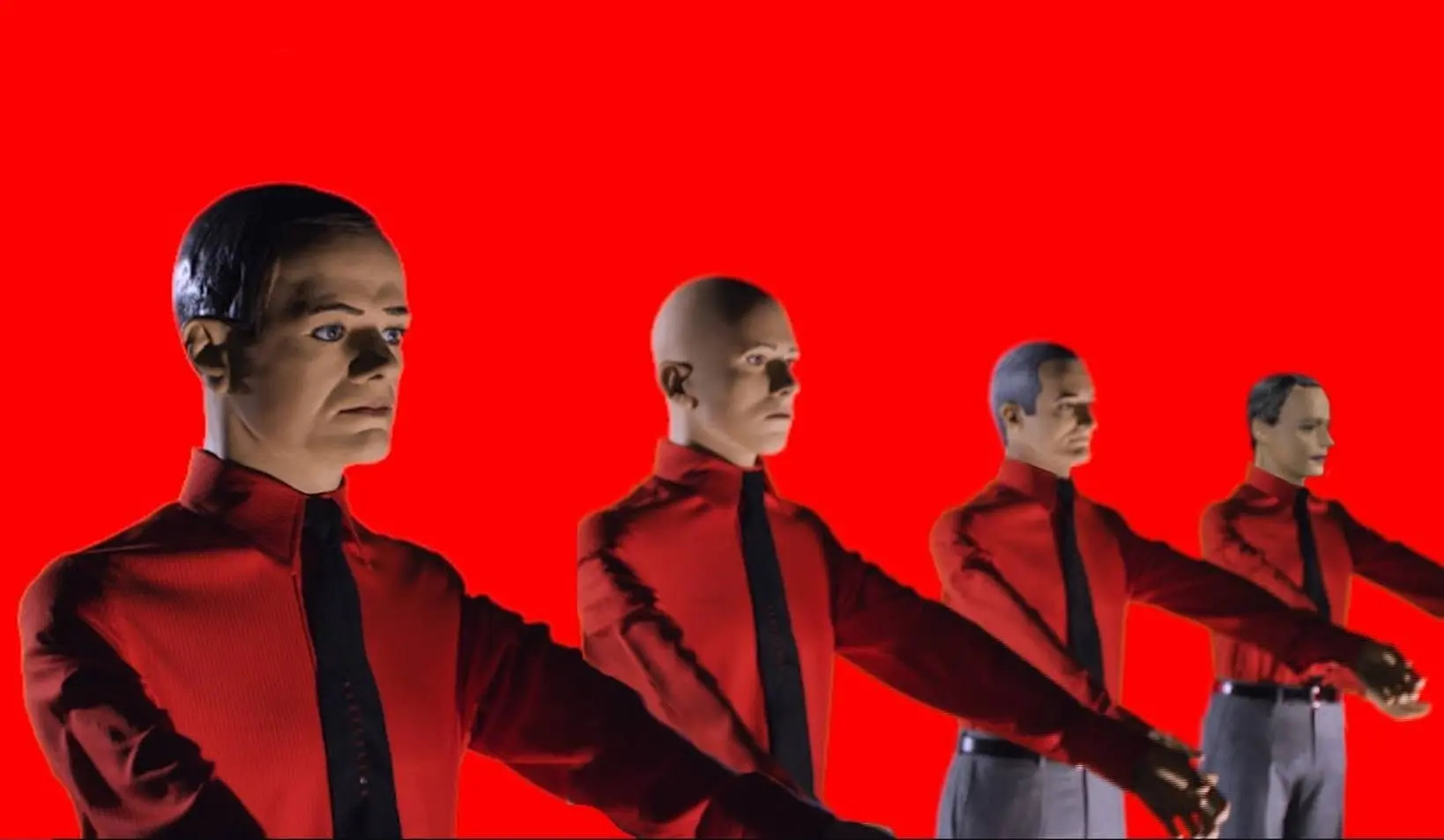 Four identical humanoid figures in red shirts and black ties stand in a line, arms extended forward, against a solid red background.