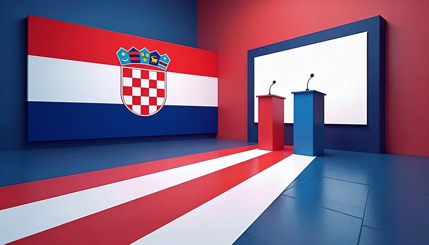 Stage with Croatian flag on the left, two podiums (red and blue) and a white screen.