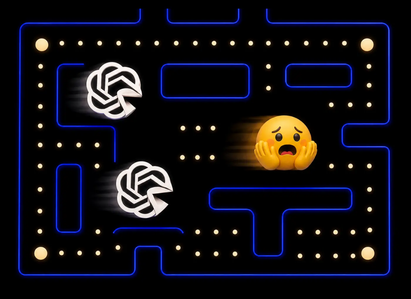 Neon Pac‑Man–style maze with glowing blue walls, scattered pellets, a frightened emoji in the center, and two white tangled knots as obstacles.
