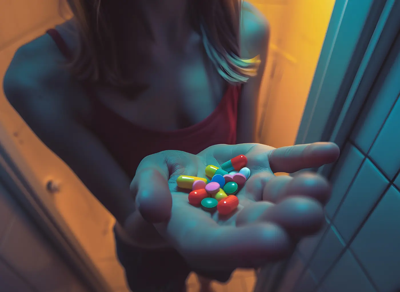 Person in a red tank top extends a hand toward the camera, showing a handful of colorful pills in a doorway.