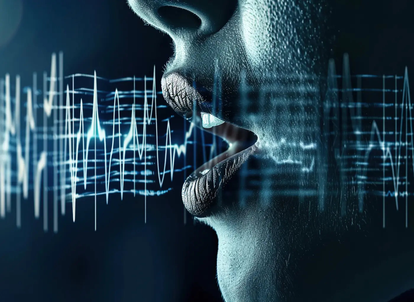 Close-up of a mouth speaking with blue audio waveform lines in the background