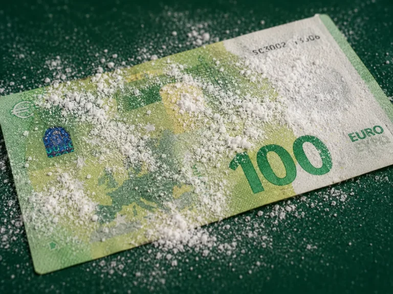 €100 euro banknote dusted with white powder on a green surface