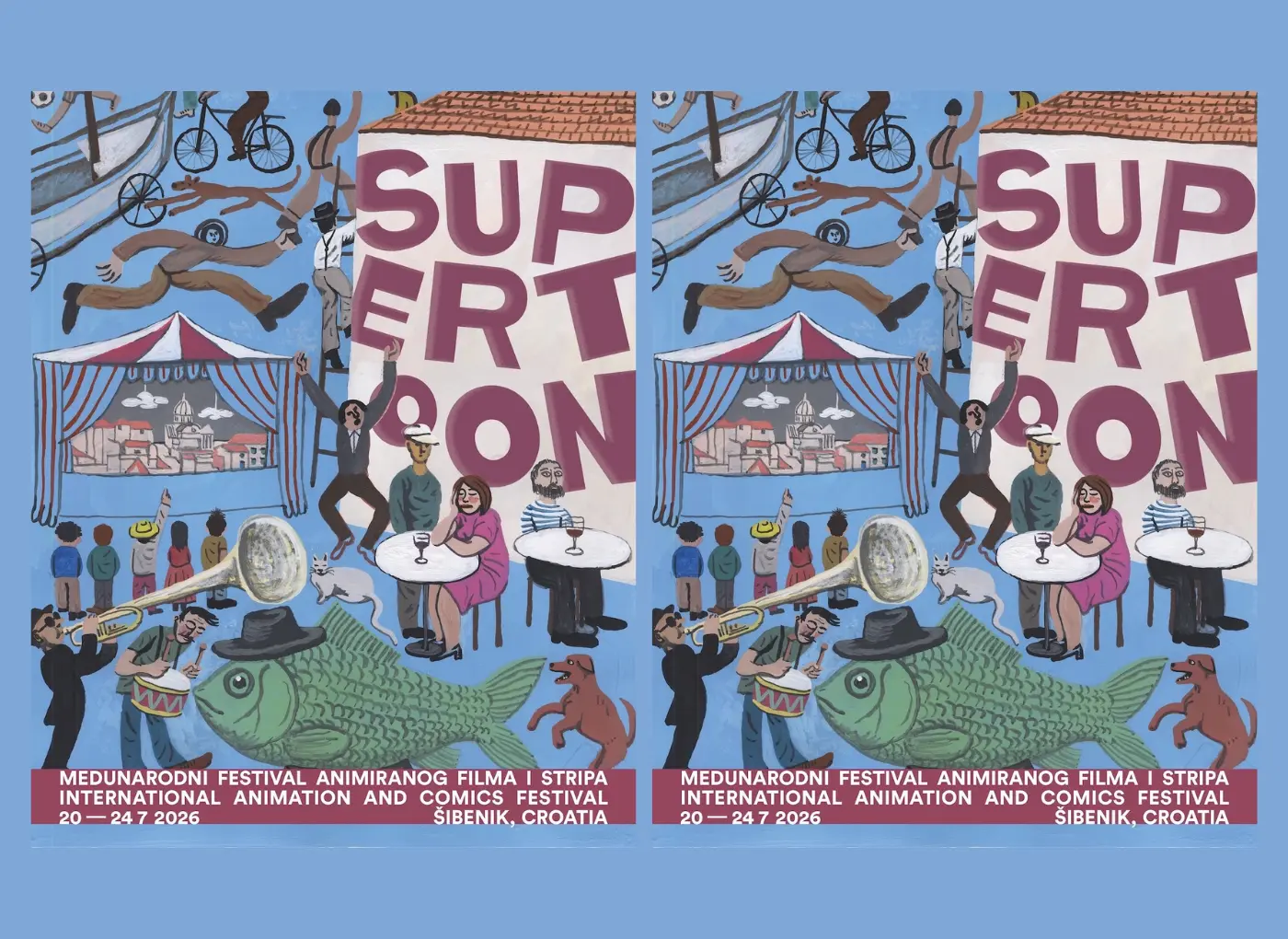 Twin colorful festival posters on a blue background featuring performers, musicians, a large fish, crowd, and banner text for the International Animation and Comics Festival in Šibenik, Croatia.