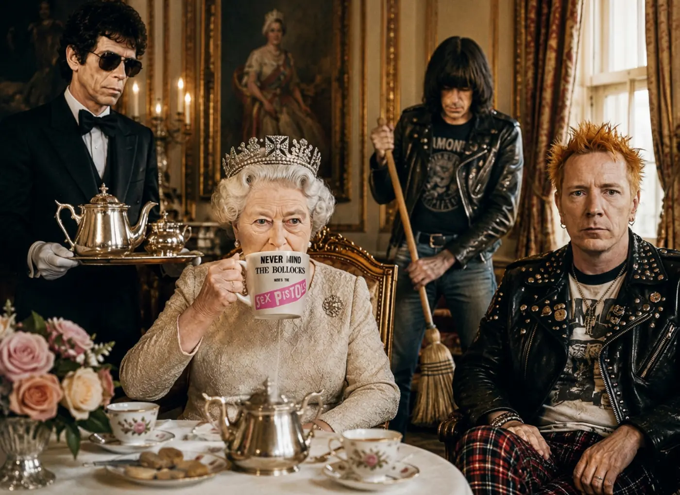 Svijet slavi pola stoljeća punka, a prognozirali su mu da neće preživjeti ni do kraja ljeta 1976.'Never Mind the Bollocks' with 'Sex Pistols' design, at a formal tea setup.
