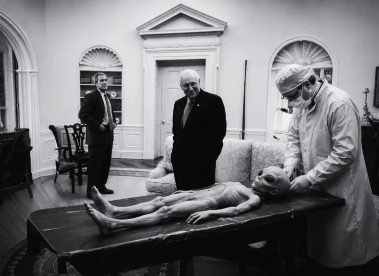 In a grand room, a doctor in a gown and mask tends to a large humanoid alien on an examination table while two men in suits watch.