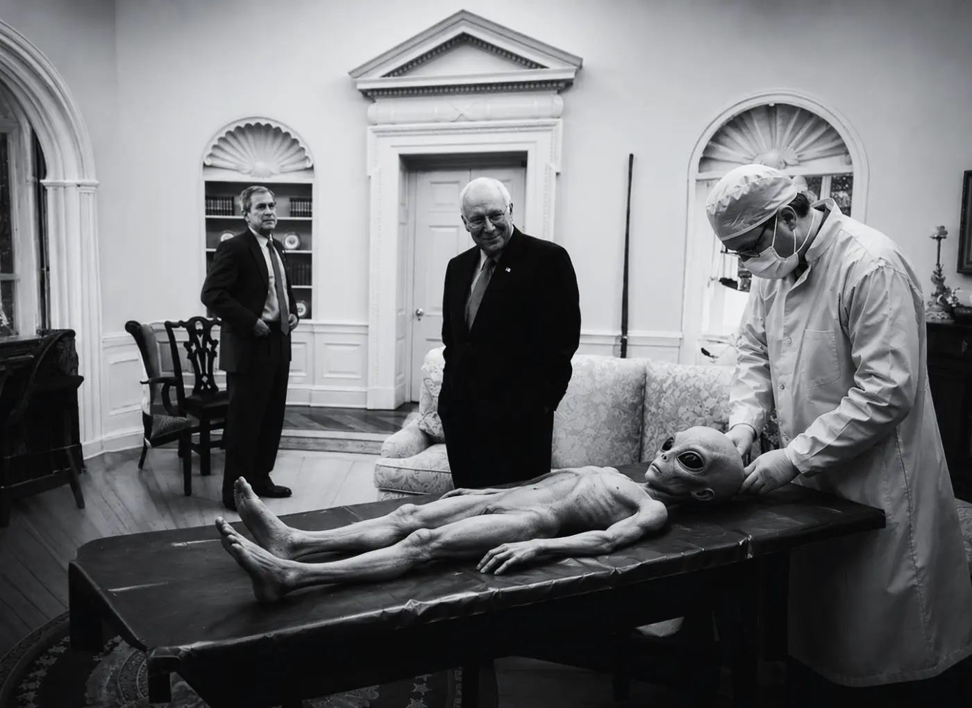 In a grand room, a doctor in a gown and mask tends to a large humanoid alien on an examination table while two men in suits watch.